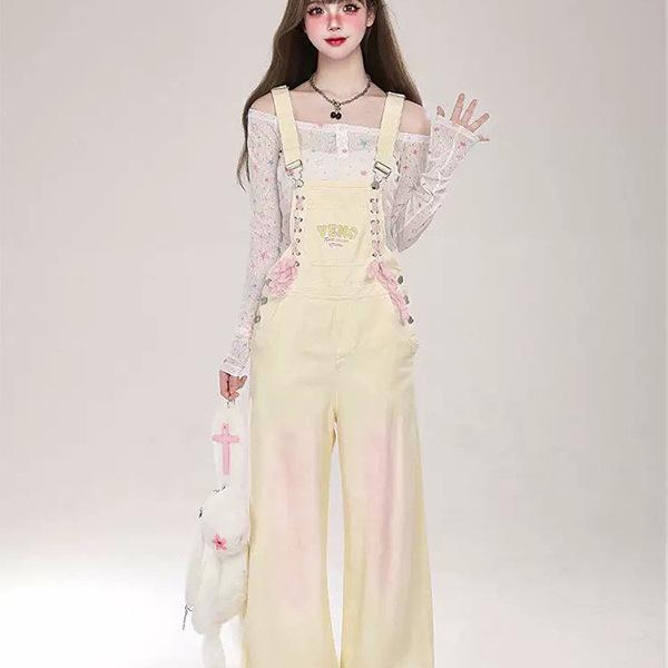 デニム サロペット レディース ドーパミンカラー グラデーション 薄手 ゆったり ルーズフィット ストラ..