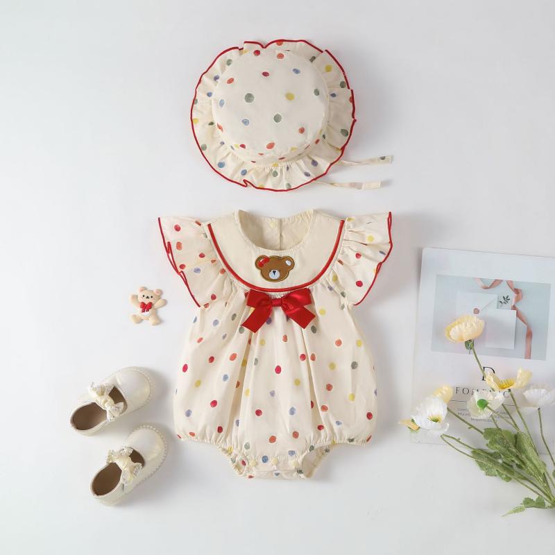 ロンパース ベビー 新生児 女の子 春夏 刺繍 半袖 薄手 ドット柄 くま お出かけ用 カバーオール 綿100% スナップボタン 前開き フード付き 取り外し可能 安心安全 肌に優しい(x2)