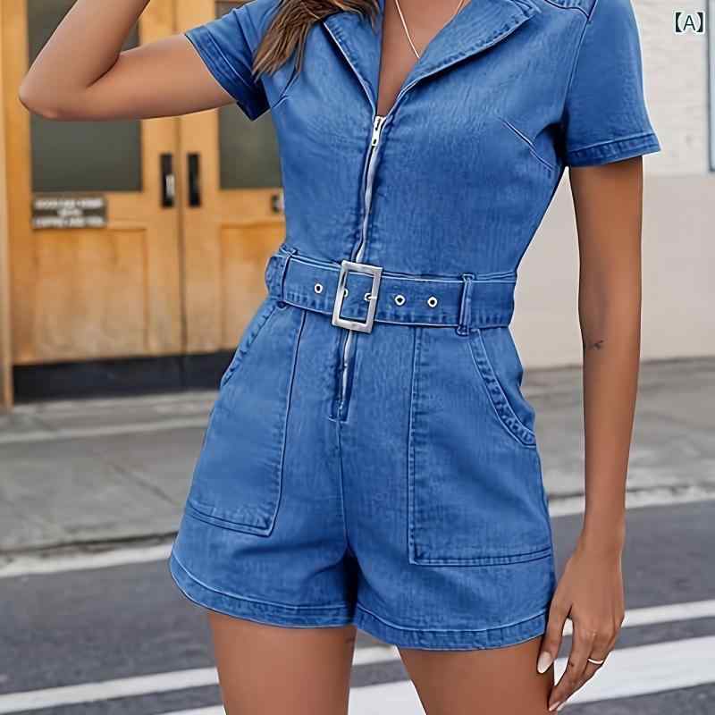 オールインワン レディース デニム ジップアップ ストレッチ スリムフィット コットン ブルー 五分袖 五分丈 テーパードパンツ ドルマンスリーブ カジュアル