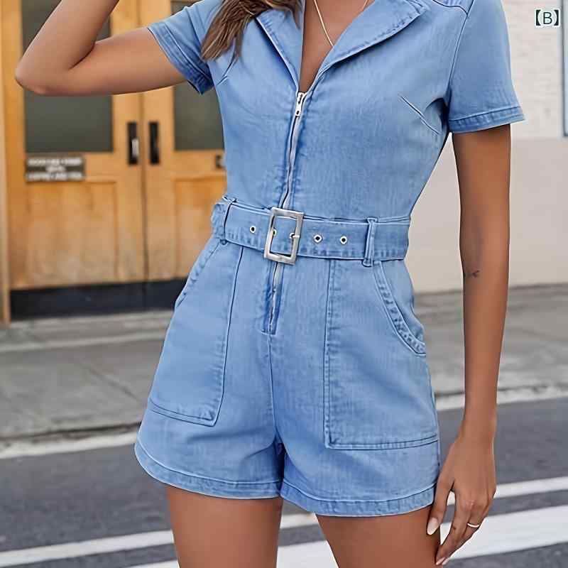 オールインワン レディース デニム ジップアップ ストレッチ スリムフィット コットン ブルー 五分袖 五分丈 テーパードパンツ ドルマンスリーブ カジュアル