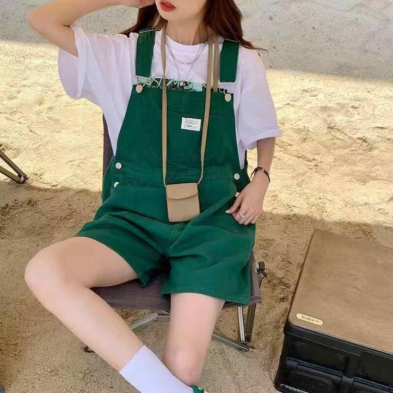 サロペット レディース デニム 若見え オーバーオール ゆったり ストレート ショートパンツ ハーフパンツ 大きいサイズ ハイウエスト ポケット 春夏 グリーン 通勤 カジュアル