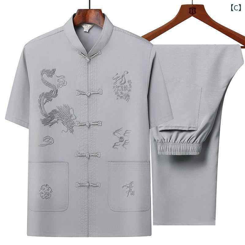 唐装 男性用 接触冷感 半袖 ノーアイロン 薄手 中国風 上下セット シニア向け お父さん 祖父 普段着 カジュアル リラックス ルームウェア 夏物 ポリエステル混