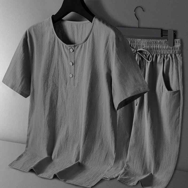 セットアップ メンズ 中高年 シニア 麻混 半袖 シャツ パンツ ゆったり リラックス カジュアル ルーム..