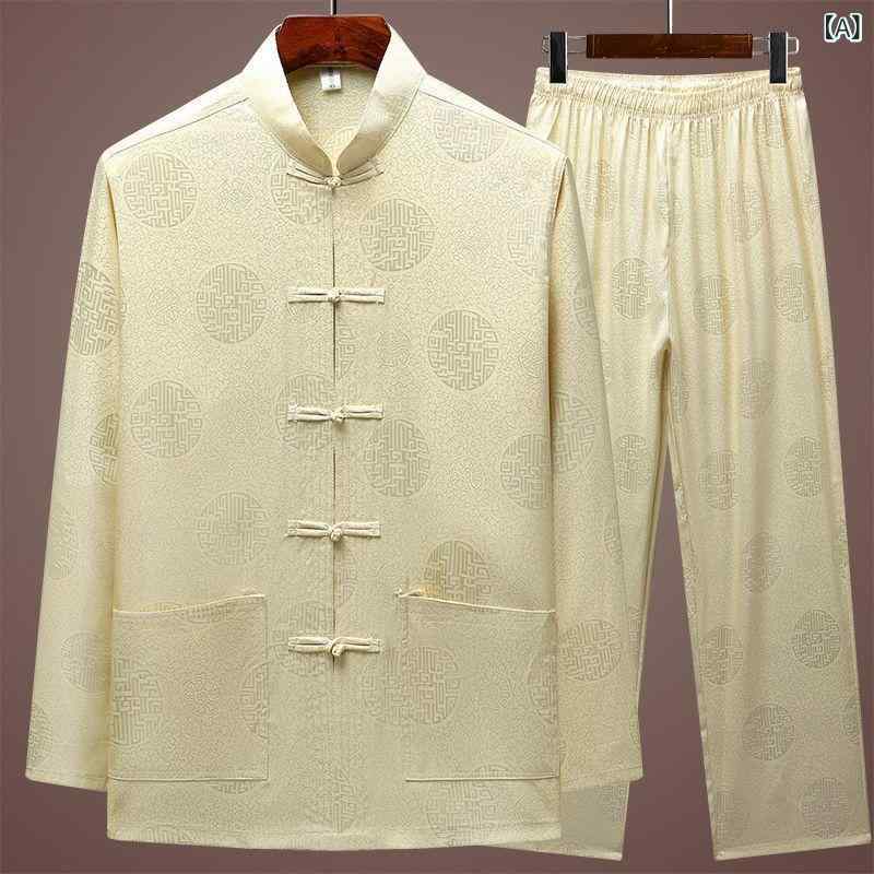 唐装 漢服 メンズ シニア 中高年 接触冷感 長袖 セットアップ 新中華風 オールシーズン対応 父親 祖父 ルームウェア 部屋着 運動着 ポリエステル素材