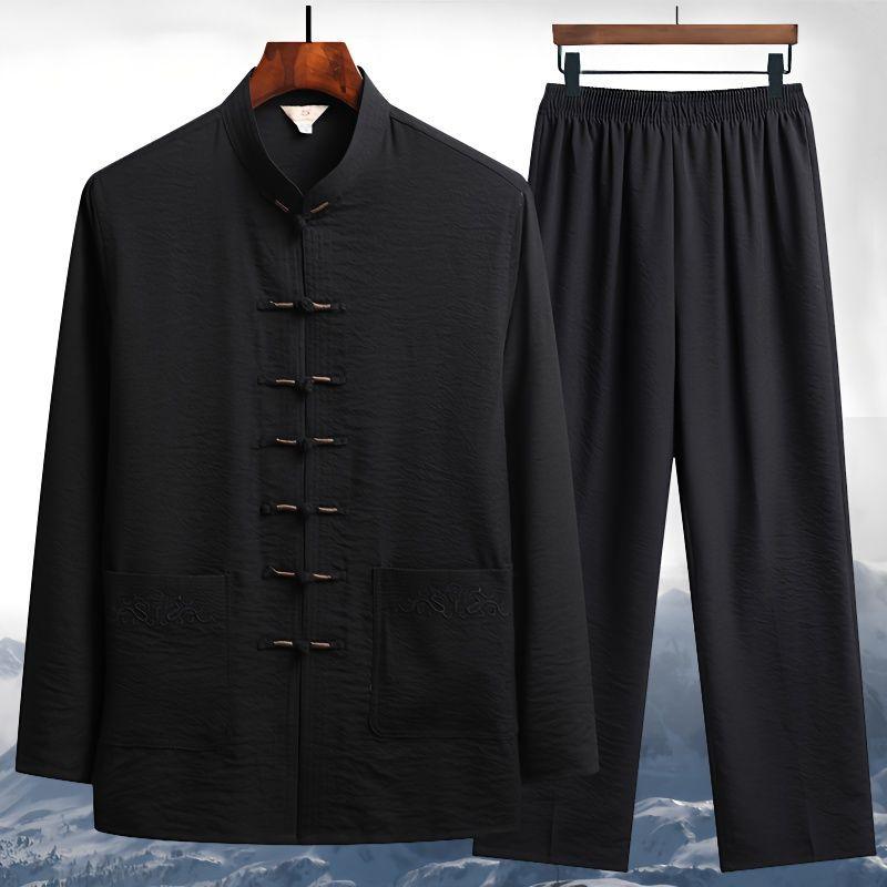 チャイナ服 メンズ 接触冷感 長袖 刺繍 新チャイナ風 カジュアル ゆったり 中高年向け セットアップ 普段使い 春夏 レトロモダン 上品な