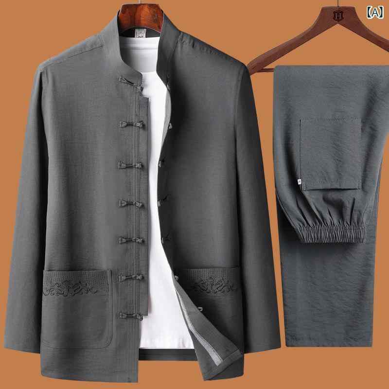 漢服 メンズ シニア向け しわになりにくい ポリエステル ポリアミド繊維 セットアップ 上下セット 中国風 唐装 レトロ カジュアル 部屋着 春夏秋