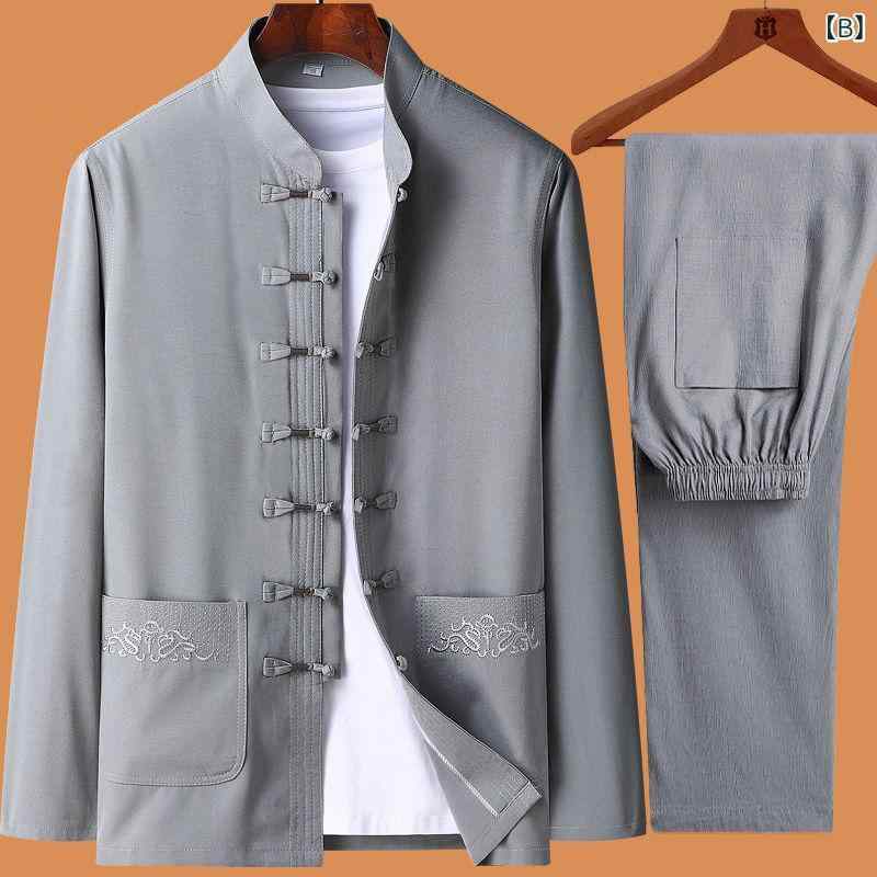 漢服 メンズ シニア向け しわになりにくい ポリエステル ポリアミド繊維 セットアップ 上下セット 中国風 唐装 レトロ カジュアル 部屋着 春夏秋