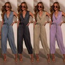 オールインワン レディース 薄手 ウォッシュ加工 デニム ノースリーブ ゆったり ウエストゴム ストレート ロング丈 カジュアル ストリート系 欧米風 春夏 ブルー コットン混