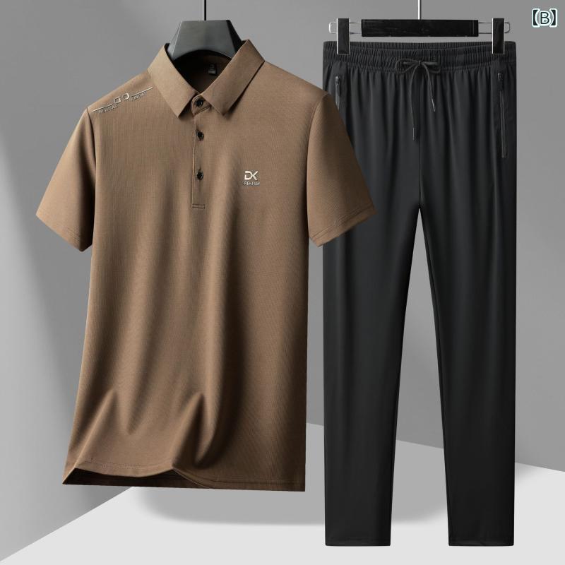 セットアップ メンズ 接触冷感 速乾 肌触り滑らか 軽量 半袖 ポロシャツ ロングパンツ 2点セット 春夏 大人カジュアル ルームウェア 普段着