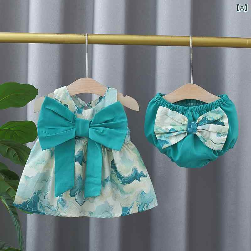 ベビー服 女の子 夏 タンクトップワンピース ショートパンツ 2点セット 綿混素材 柔らか 韓国風 おしゃれ かわいい 落書き風プリント 蝶結び 1歳 2歳 3歳向け 80cm 90cm 100cm 肌に優しい