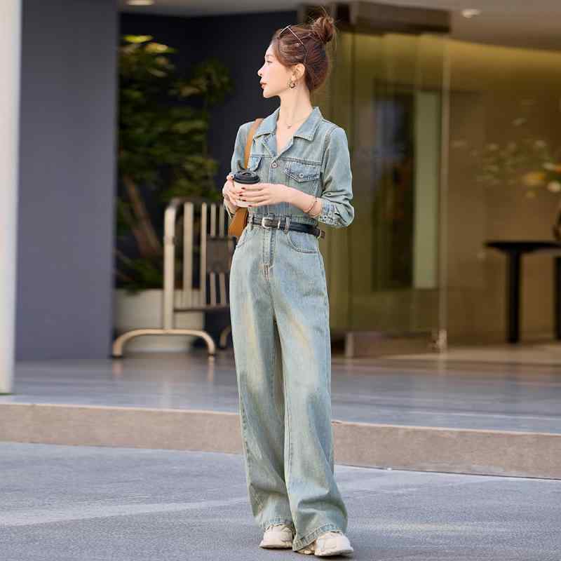 デニムオールインワン レディース ワイドパンツ ハイウエスト 長袖 ゆったり ウォッシュ加工 ストレッチ ベルト付き 春夏 きれいめカジュアル オフィススタイル