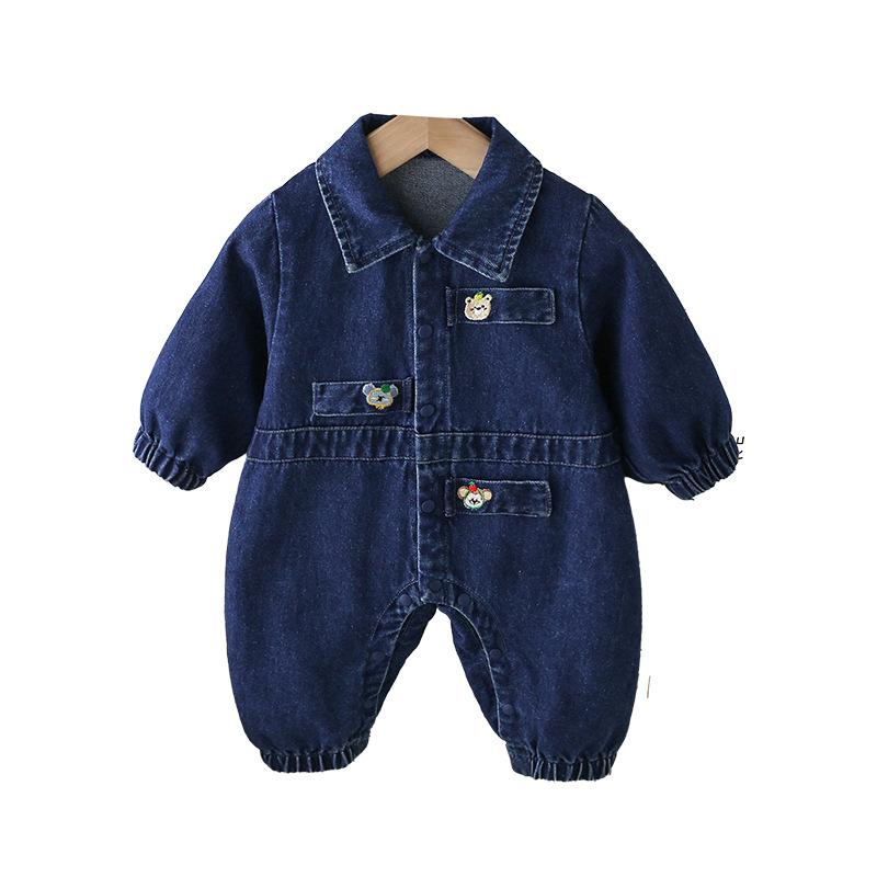 ロンパース 男の子 ベビー 男児 赤ちゃん デニム カバーオール 長袖 前開き 綿混 薄手 春秋 カジュアル ブルー かわいい 新生児服