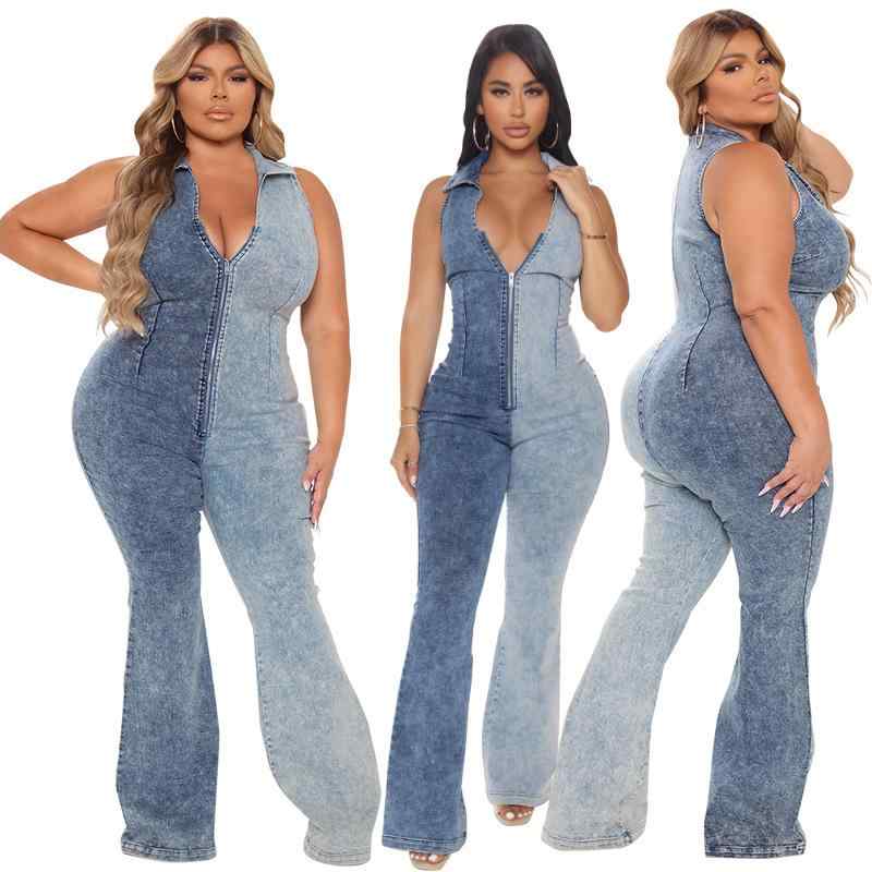 デニム オールインワン レディース 大きいサイズ ウォッシュ加工 配色 ブルー ノースリーブ ロング丈 大人カジュアル サロペット ゆったり 体型カバー 秋冬