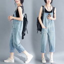 デニムサロペット レディース オーバーオール ゆったり 大きいサイズ 体型カバー ハイウエスト クロップド丈 ライトブルー ウォッシュ加工 韓国風 大人カジュアル 綿混 春夏