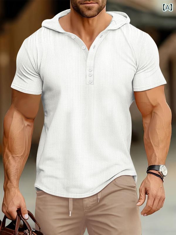 Tシャツ メンズ スポーツ フィットネス ストレッチ イージーケア 半袖 ゆったり パーカー ヘンリーネック 切り替え 欧米風 春夏