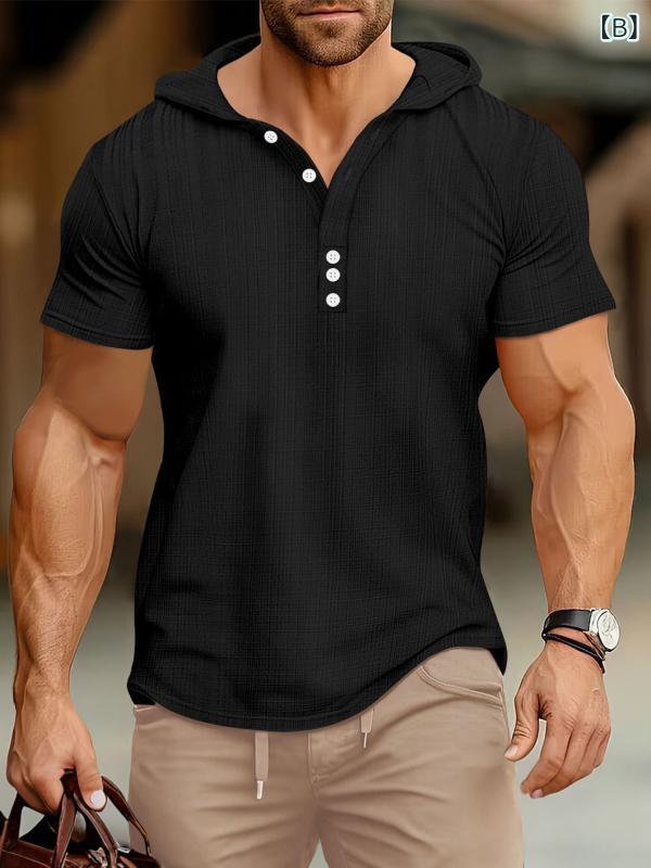 Tシャツ メンズ スポーツ フィットネス ストレッチ イージーケア 半袖 ゆったり パーカー ヘンリーネック 切り替え 欧米風 春夏