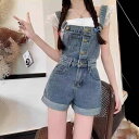 デニム サロペット レディース ハイウエスト ウォッシュ加工 クロップド丈 ストレートシルエット 春夏 きれいめ カジュアル コットン混 ブルー トレンド 若見え オーバーオール