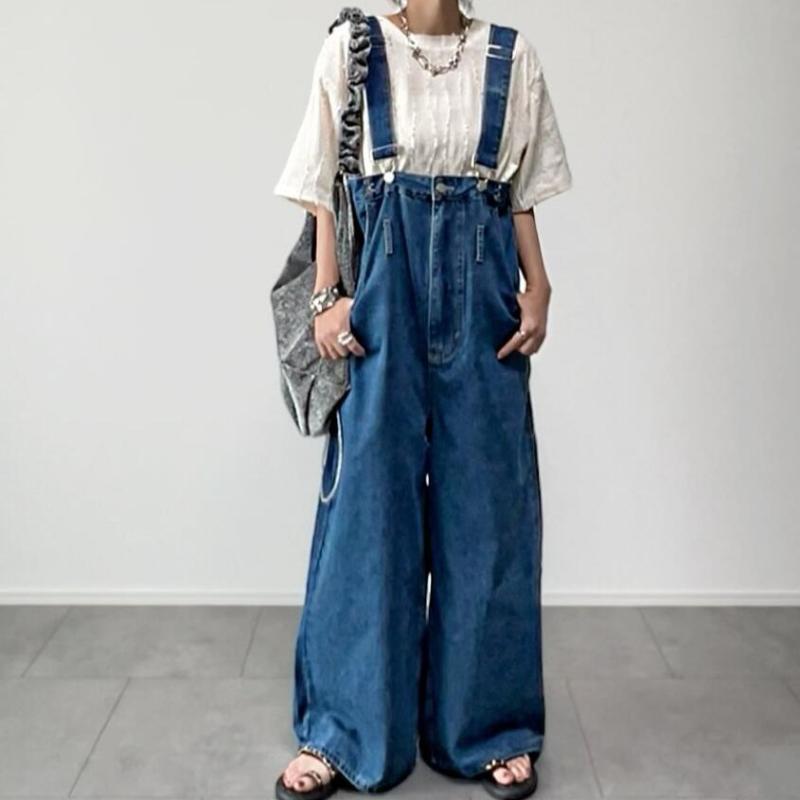 オーバーオール レディース 春夏 デニム ゆったり 細見え 体型カバー ウォッシュ加工 ブルー ワイドパンツ オールインワン サロペット 日系 カジュアル ロング丈 女性用