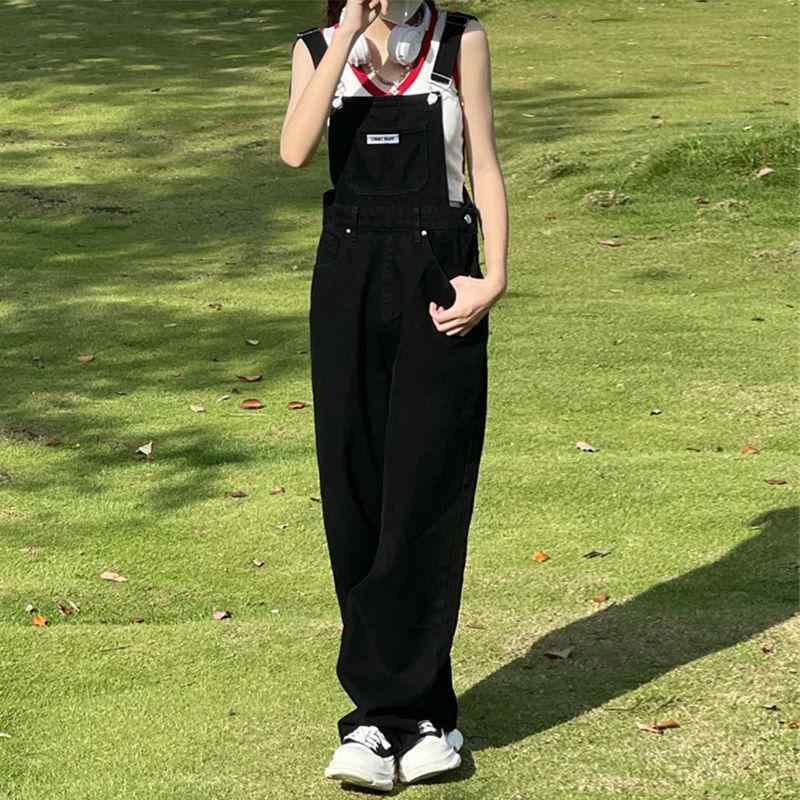 デニム オーバーオール レディース ゆったり ワイドパンツ ブラック レトロ ヴィンテージ 切り替えデザイン 微ストレッチ 春秋 大人上品 きれいめ カジュアル 大きいサイズ