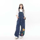 オーバーオール レディース デニム ブルー 体型カバー ゆったり ワイドパンツ カジュアル アメリカンストリート プリント ロング丈 厚手 ポケット付き