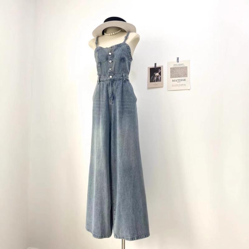 サロペット レディース 通勤用 着痩せ効果 ゆったり デニム ハイウエスト ストレート ウォッシュ加工 薄手 ロング丈 微ストレッチ 春夏 アメリカンスタイル