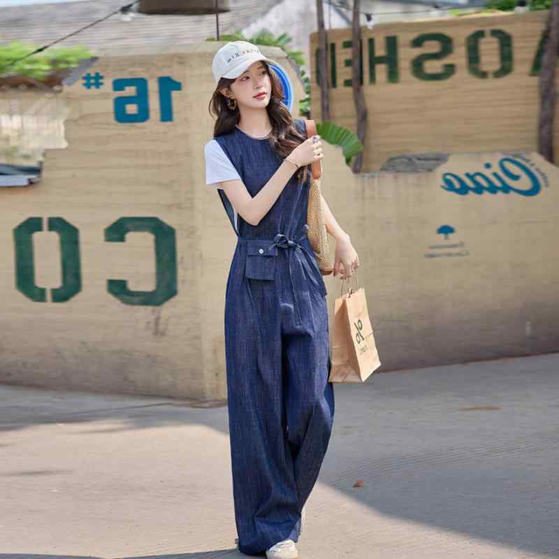 セットアップ レディース デニム オールインワン風 ワイドパンツ ツーピース 低身長向け デザイン性 カジュアル リラックススタイル 綿 ウエストリボン 春夏(x2)