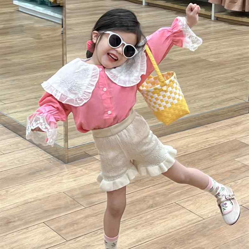 キッズ 女の子 春夏 韓国風 おしゃれ かわいい 肌触り良い 刺繍 ビッグカラー ピンク ドールブラウス フリル ニット ショートパンツ コットン セットアップ 上下セット 3歳 8歳向け