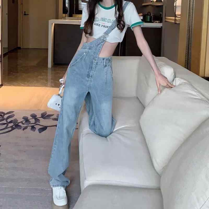 サロペット レディース デニム アシンメトリー ワンショルダー ハイウエスト ストレート 細見え カジュアルスタイル 夏 コットンブレンド 伸縮性 ロング丈 オーバーオール