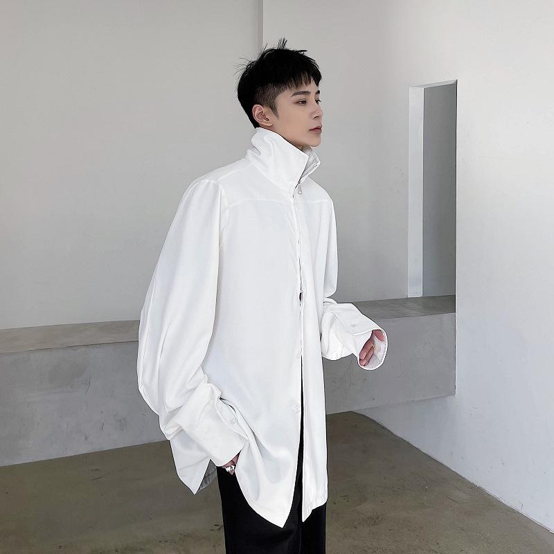 シャツ メンズ 春秋 ハーフジップ ハイネック ゆったり オーバーサイズ デザイン レトロ 長袖 ポリエステル 大人カジュアル