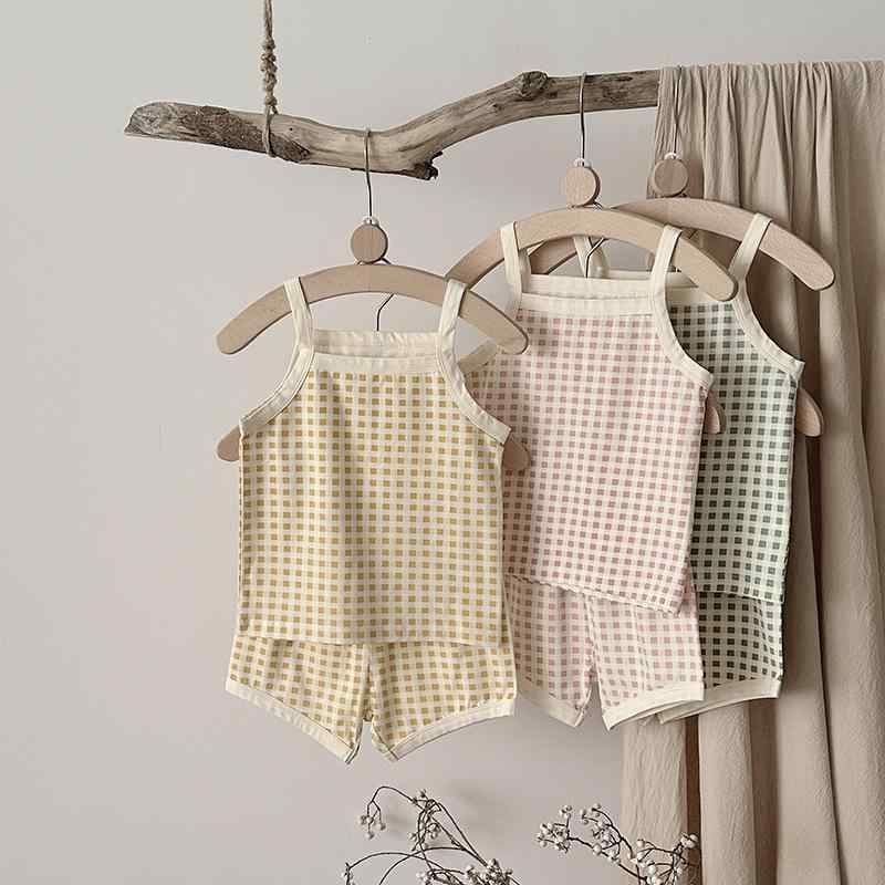パジャマ ベビー キッズ 男の子 女の子 綿100% 肌に優しい 吸湿速乾 薄手 ルームウェア 上下セット 韓国風 チェック柄 キャミソール ショートパンツ 春夏