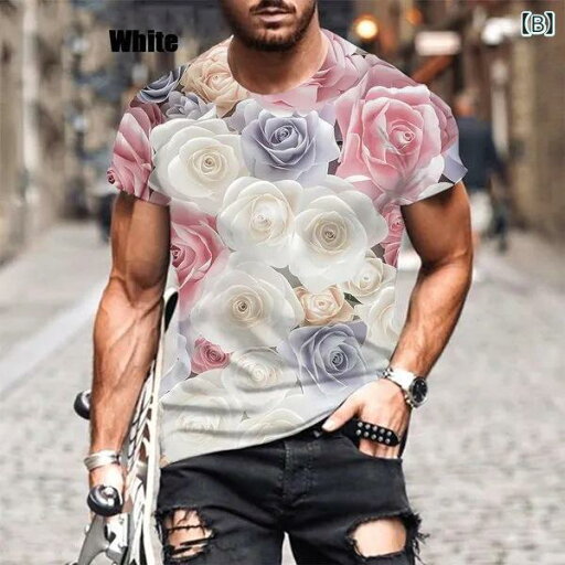 Tシャツ メンズ 3Dデジタルプリント 立体柄 バレンタインデー 薔薇 ローズ 花柄 クルーネック 半袖 吸汗速乾 ポリエステル 薄手 ゆったり オーバーサイズ カジュアル 夏物 トップス(x2)