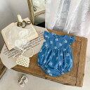 ロンパース 女の子 ベビー 夏服 クローバー柄 デニム風 フリル袖 ノースリーブ コットン 綿混素材 肌に優しい カジュアル カバーオール ボディスーツ 赤ちゃん服