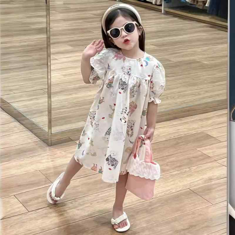 ワンピース キッズ 女の子 春夏 韓国風 半袖 パフスリーブ カラフル 子犬柄 コットン おしゃれ かわいい プリンセスライン 100-140cm