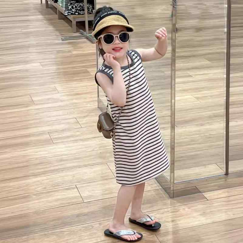ワンピース 女の子 柔らか 綿 ノースリーブ ロング丈 シンプル カジュアル ストライプ Aライン 韓国風 夏 着回し かわいい タンクトップ