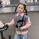セットアップ 女の子 韓国風 春秋 やわらか素材 綿混 ピンク 縦ストライプ カジュアルシャツ さくらんぼ かわいい ノースリーブベスト
