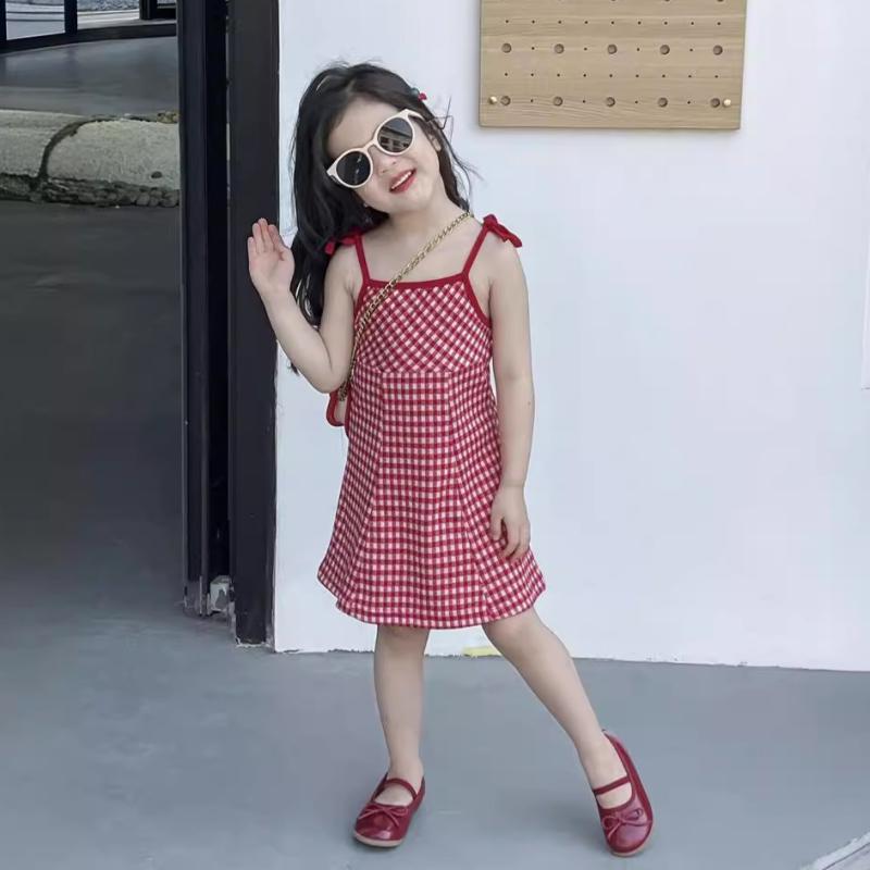 ワンピース キッズ 女の子 夏 韓国風 赤 チェック柄 キャミソール Aライン コットン リゾートスタイル 涼しい 肌触り良い 通気性 かわいい カジュアル