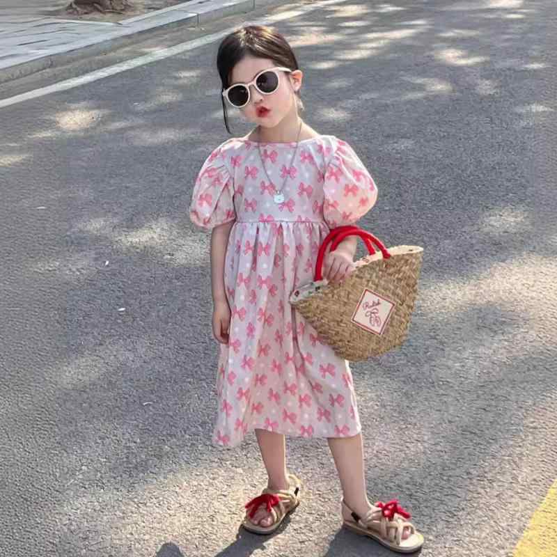 ワンピース 女の子 子供服 キッズ 柔らかい肌触り 綿素材 半袖 パフスリーブ バックオープン リボン かわいい 韓国風 プリンセスライン 春夏 ピンク お出かけ着 普段使い 発表会