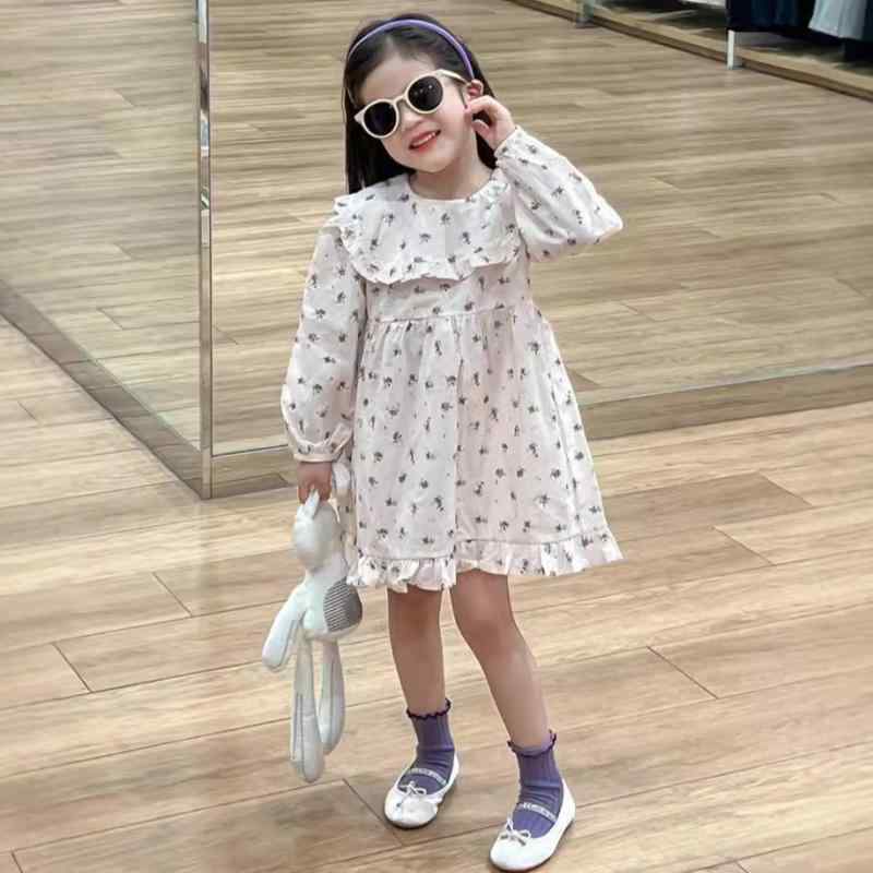 ワンピース 女の子 キッズ 韓国風 フレンチ 小花柄 総柄 フリル スクエアネック 長袖 田園風 プリンセスライン 綿素材 春夏 カジュアル かわいい ナチュラル アイボリー