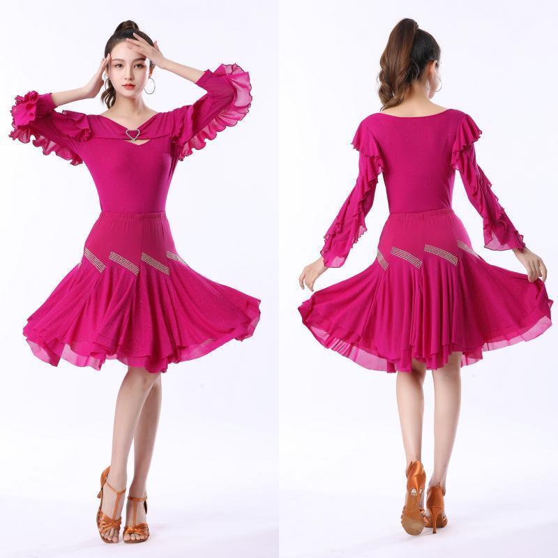 社交ダンス衣装 レディース ラテン対応 星空柄 ラインストーン装飾 レオタード フレアスカート ポリエ..