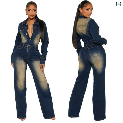 オールインワン レディース 長袖 デニム ウエストゴム ゆったり ストレートシルエット ヴィンテージ加工 レトロ カジュアル 体型カバー 秋冬 ダークブルー