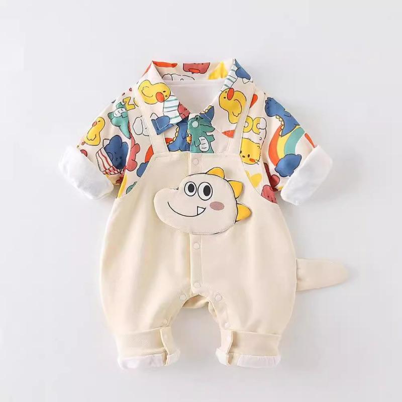 ベビー ロンパース 男の子 女の子 赤ちゃん 新生児 乳幼児 フェイクサロペット デニム 長ズボン カバーオール 綿100% コットン 厚手 長袖 春秋冬 おしゃれ カジュアル 韓国風 お出かけ着 普段使い