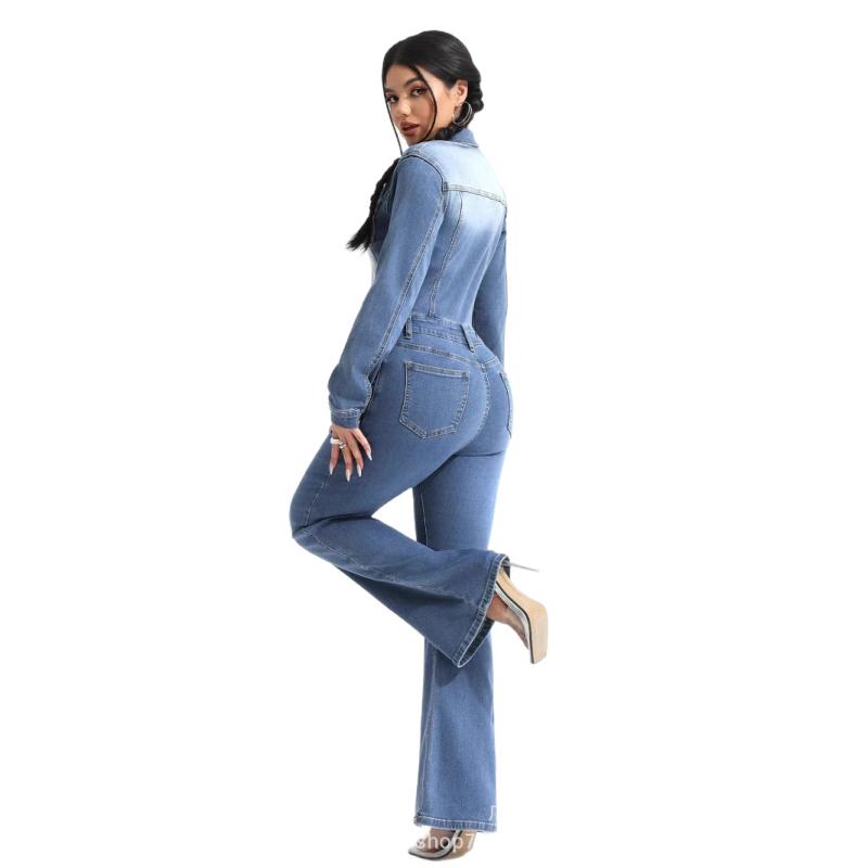 オールインワン レディース デニム ハイウエスト 高伸縮性 フレア 長袖 シンプル 着回し抜群 ダメージ加工 切り替え 春夏 ライトブルー カジュアル(x2)