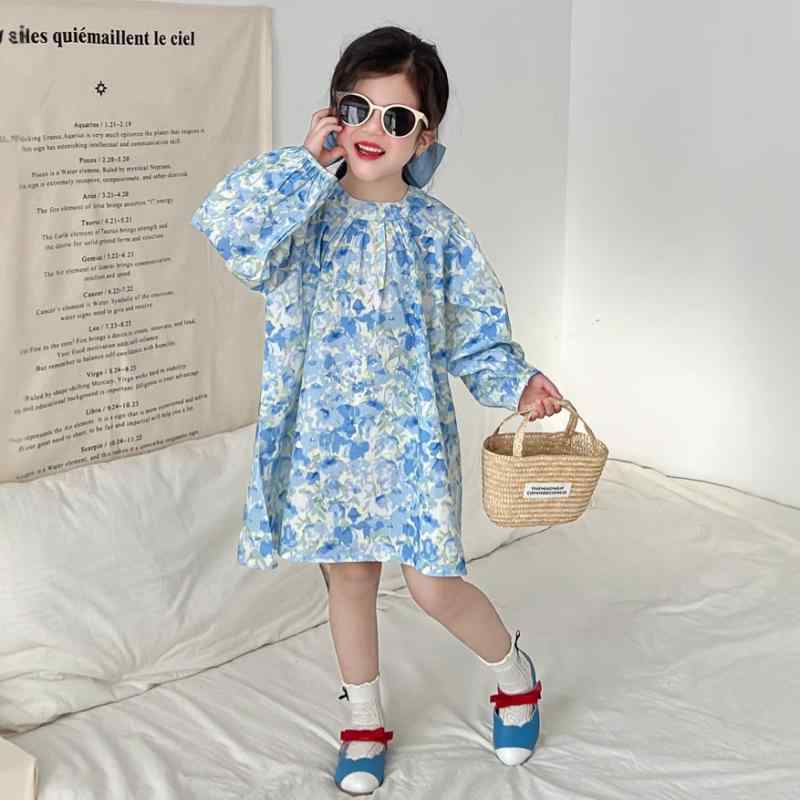 ワンピース キッズ 女の子 春秋 ナチュラル コットンブレンド ブルー 小花柄 長袖 ゆったり パフスリーブ Aライン プリンセス カジュアル 通園 通学 お出かけ着