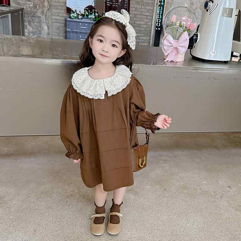 ワンピース 女の子 ガールズ 春秋 長袖 レースフリル 二重襟 パフスリーブ 森ガール風 かわいい スイート ガーリー おしゃれ 韓国風 コットン 綿100% 柔らかな肌触り プリンセスライン ブラウン 3歳 8歳 100cm 140cm対応