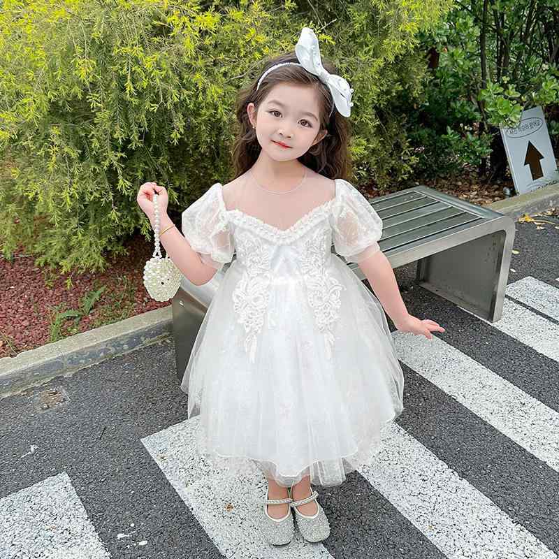 ワンピース 女の子 春夏 韓国風 チュール ふんわり パフスリーブ レース ビーズ飾り プリンセス フォーマルドレス ホワイト 半袖 ポリエステル コットン 発表会 結婚式 お呼ばれ パーティー