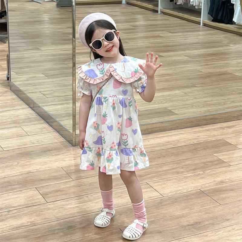 ワンピース 女の子 韓国風 プリンセス風 半袖 綿 フリル グラフィティプリント パフスリーブ ピンク 花柄 かわいい 夏服 小学生