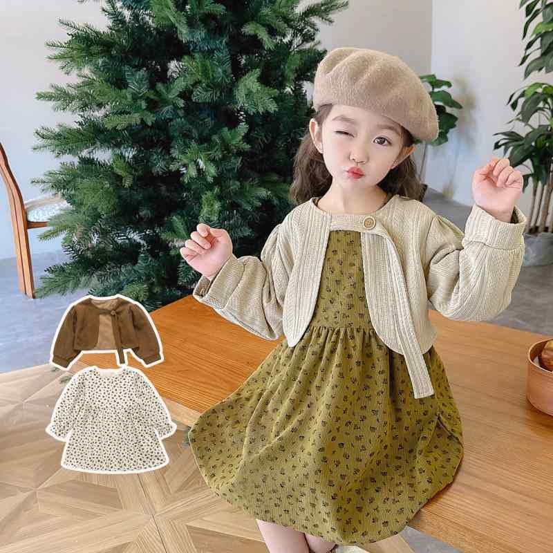 ワンピース 女の子 長袖 小花柄プリント ショート丈ジャケット セットアップ アンサンブル フレンチ 韓国風 かわいい おしゃれ 上品 綿素材 コーデュロイ 柔らかい 春秋