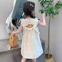 ワンピース キッズ 女の子 夏物 フリル袖 ジャガード バックオープン カットアウト ノースリーブ 綿素材 柔らかい肌触り プリンセスライン ドレス オフホワイト かわいい 子供服 普段着 カジュアル