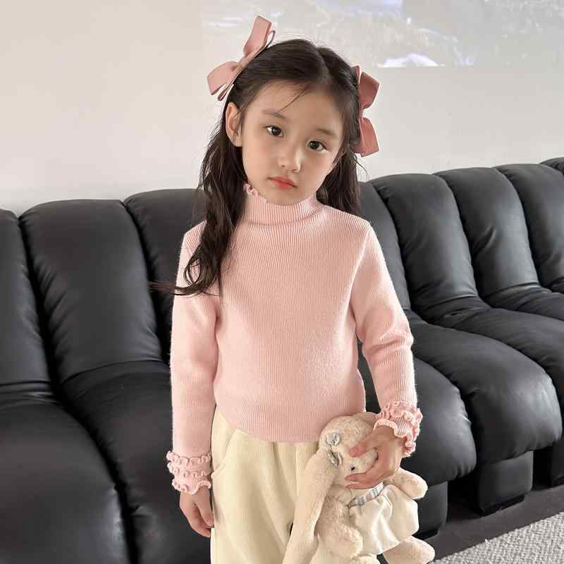 ニットトップス 女の子 ガールズ 秋冬 柔らかな肌触り コットン 綿混 長袖 フリル 無地 シンプル ベーシック インナー 子供服 韓国風 着回し 普段着 通園 通学
