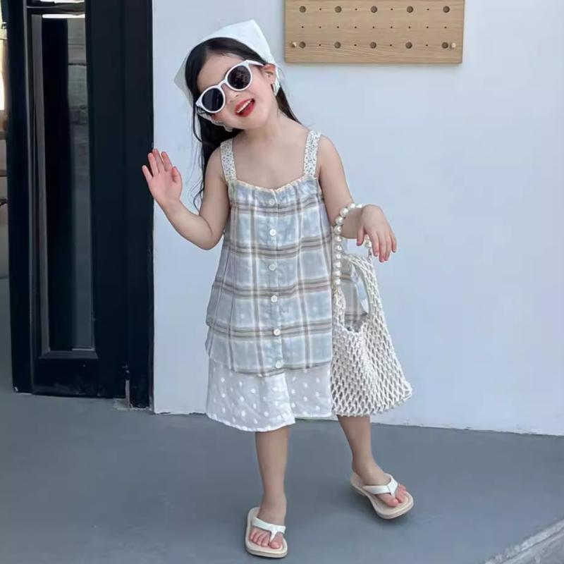 ワンピース 女の子 春夏 韓国風 リゾート キャミソール Aライン コットンブレンド 通気性 ブルー チェック柄 刺繍 裾切り替え 3歳 8歳 100cm 110cm 120cm 130cm 140cm